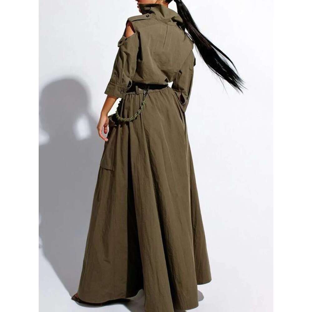 Summer Dress for Women 2024 Retro Turn-down Collar Cold Shoulder Half Sleeve Zipper Belt Pockets Split High Waist Maxi Dresses