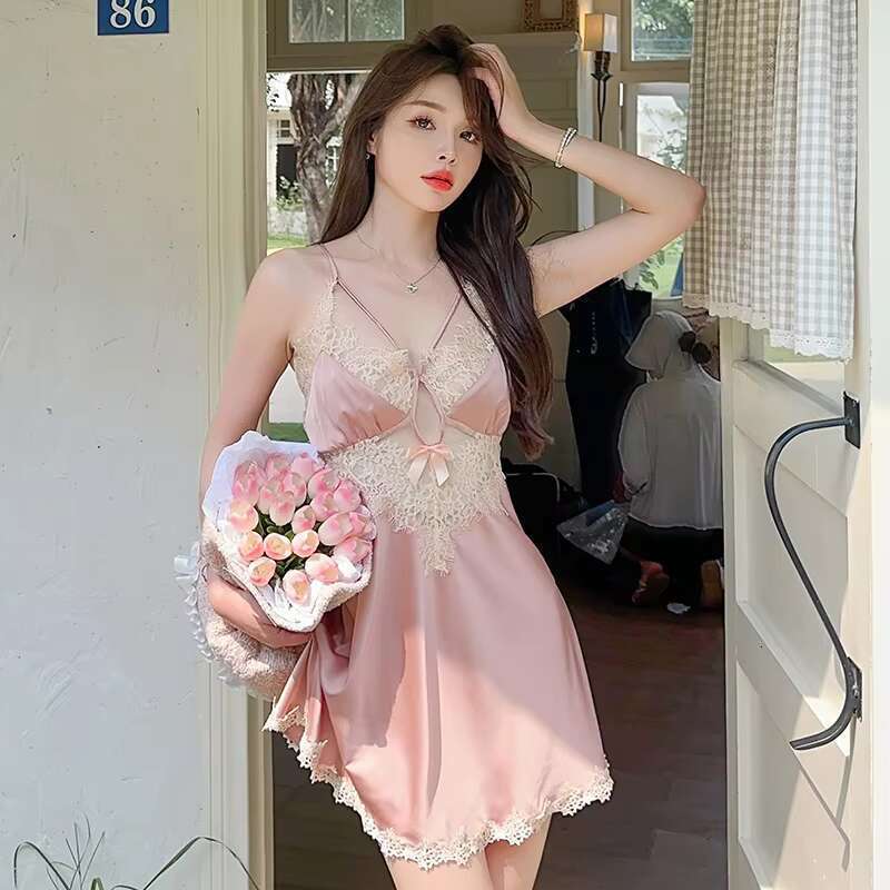 Pamas Embroidered Lace Silk Nightdress Thin Solid Color Elegant Sleepwear Women's V-Neck Sexy Halter Dress