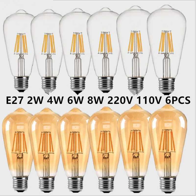 6PCS LED ST64 2W 4W 6W 8W DC 220V 110V Dimmable Gold Filament Bulb E27 B22 Light Vintage Edison Lamp Retro Gold Glass Appearance C251115