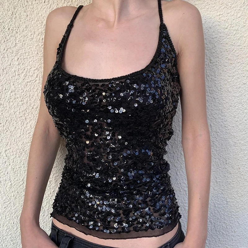 CIBBAR Black Sequined Crop Top Sexy See Through Sleeveless Skinny Club Party Camisole Women Vintage 2000s Tee y2k Aesthetic Vest 250415