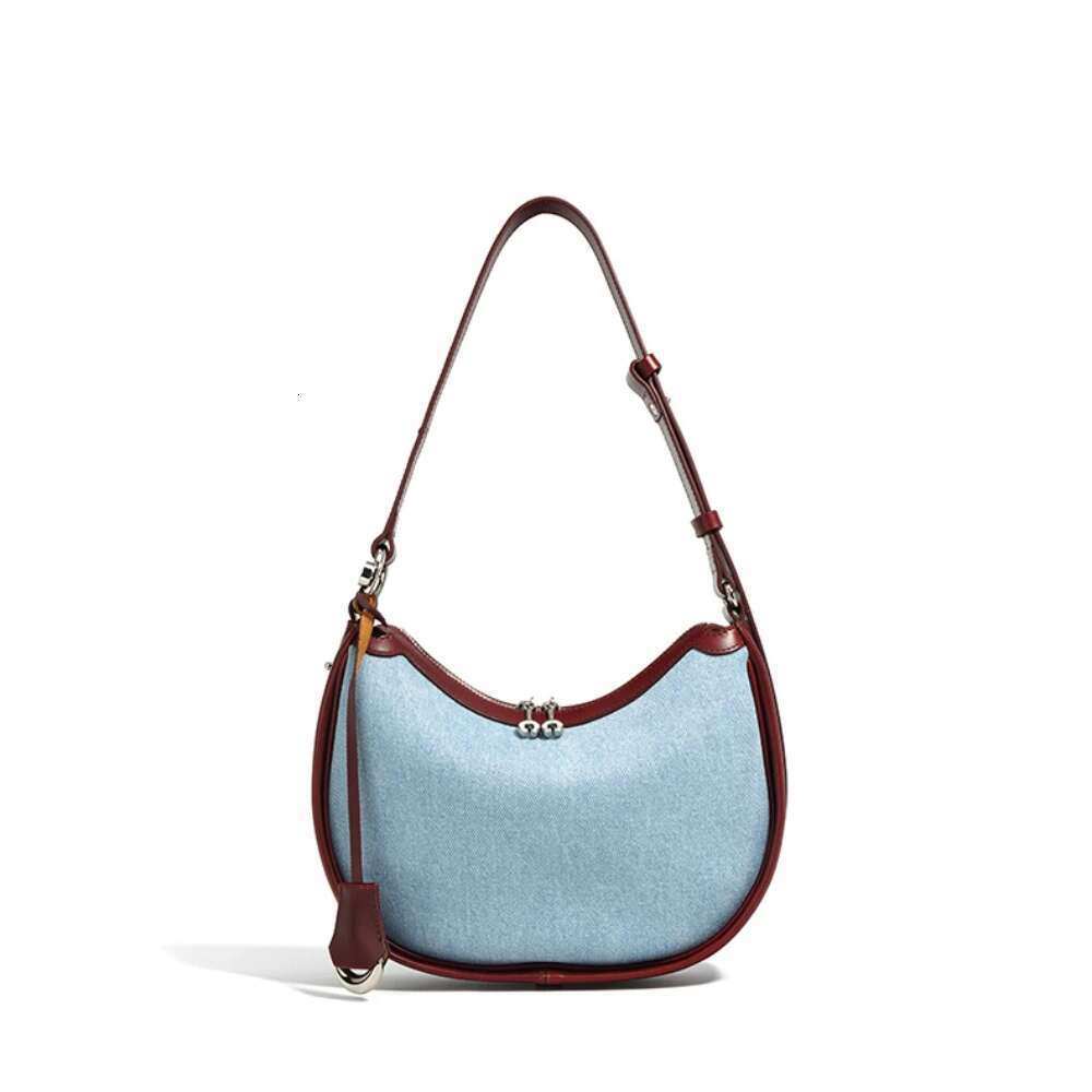 Designer Bag Wear-Resistant Denim Cowboy Ing + Cowhide Leather Round Tote Light Weight High Quality Women Handbag Blue Female Shoulder Bag