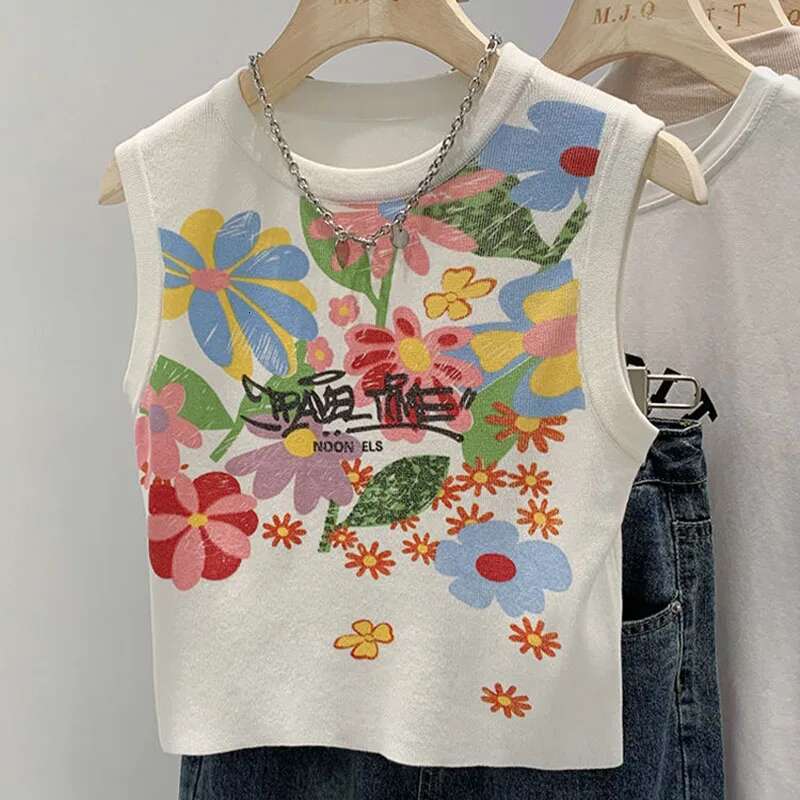 Summer Vintage Y2k Chic Graffiti Printed Knitted Tanks Women Korean Fashion Sleeveless Short Style Casual Top Pullovers