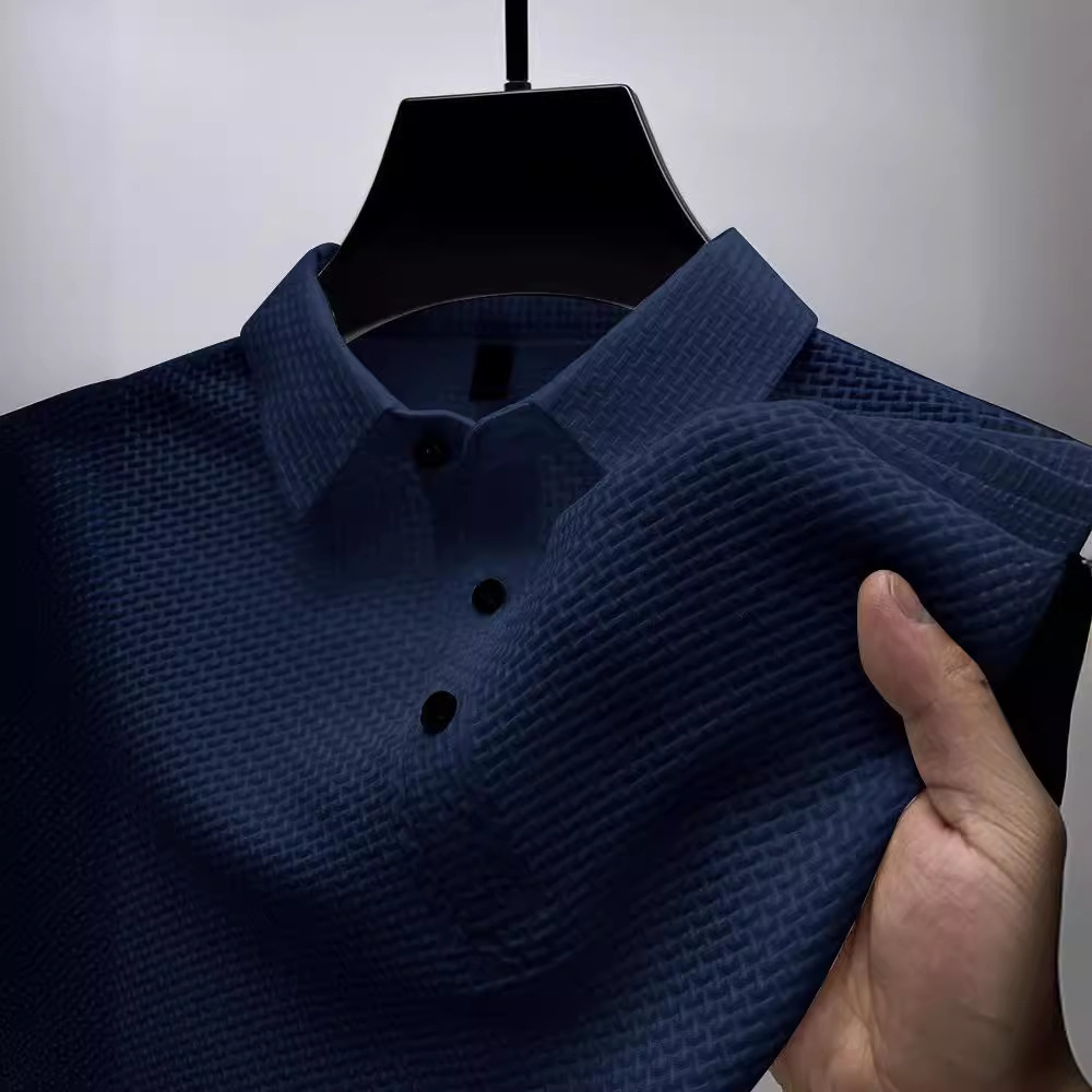 Instagram High end Mesh Ice Silk Short sleeved T-shirt Mens Shirt Collar Summer Solid Color New Sliding Material Polo