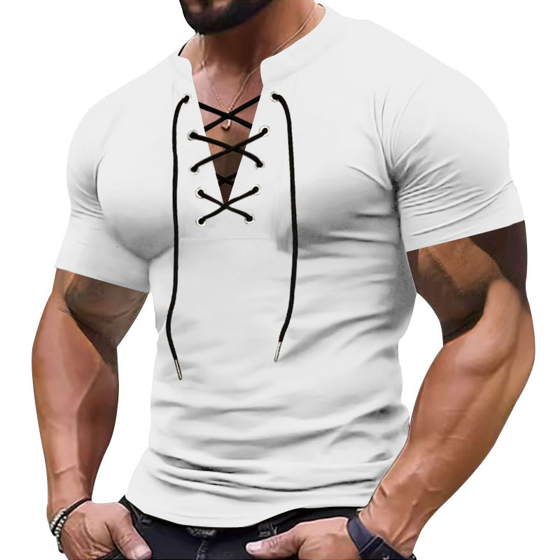 Large size summer men's T-shirt V-neck tie casual sports short sleeved men