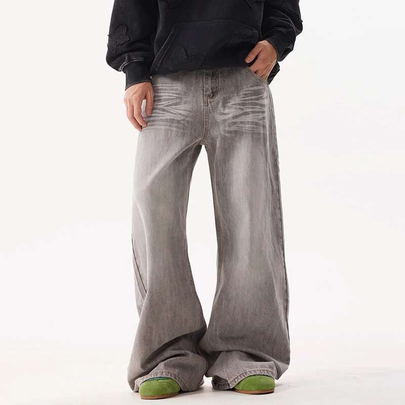 American Style Washed Worn-Out Jeans Men's High Street Striped Loose Vintage Wide Leg Pants 2025 Spring Fashion New 28W5192