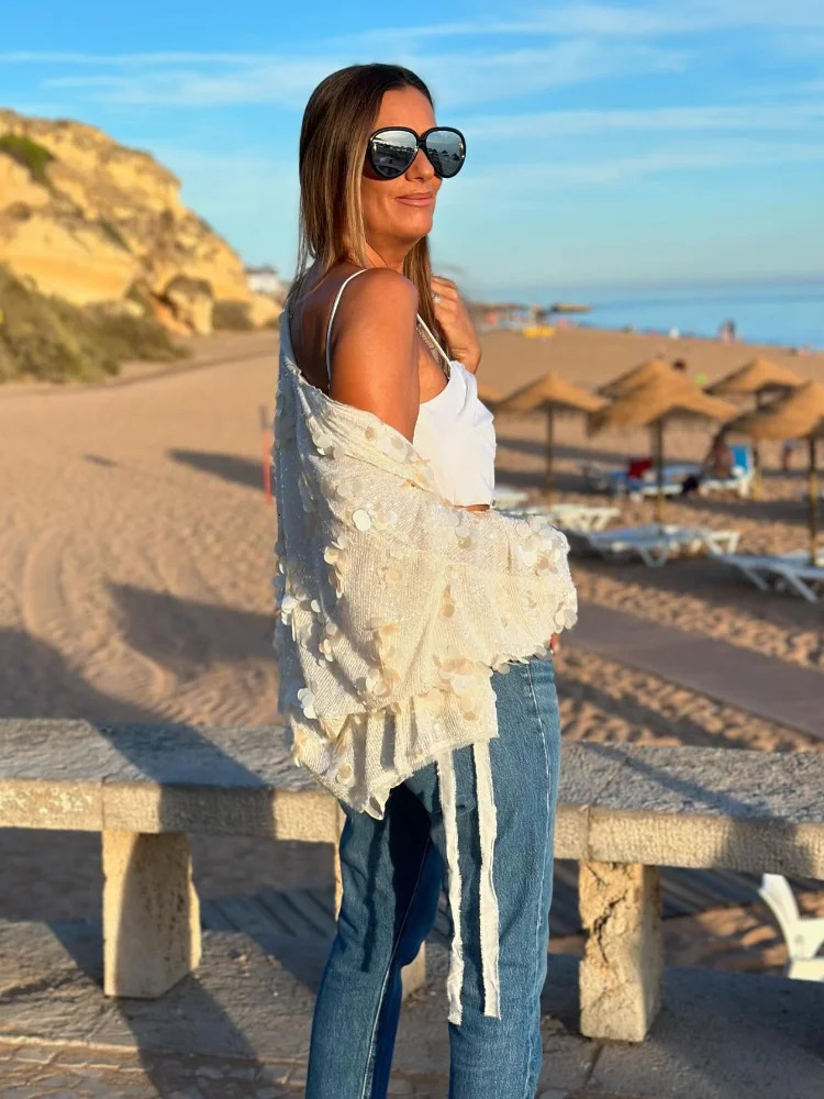 Womens Chic Sparkling Sequins Lace Up Cardigan Coat Spring Fashion Womens V-neck Long Sleeve Jacket 2025 Lady Party Streetwear 250410