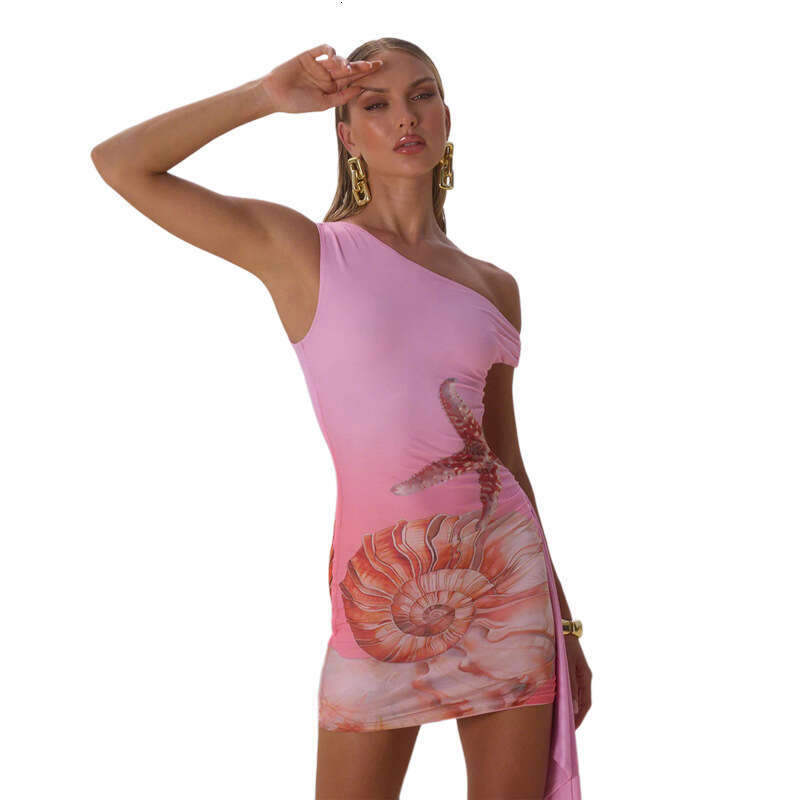 Women's Wear Summer New Women's Fashion And Sexy Abstract Printed Slant Shoulder Slimming Design Drift Belt Dress