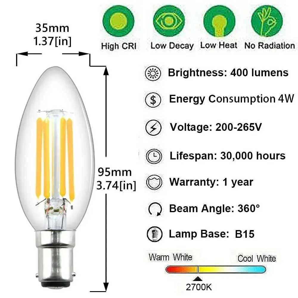 Melery LED Candle Filament Light Bulb B15 SBC Bayonet 4W Ba15d Warm White 2700K 40W Replacement Home Office Decorative Dimmable C251115