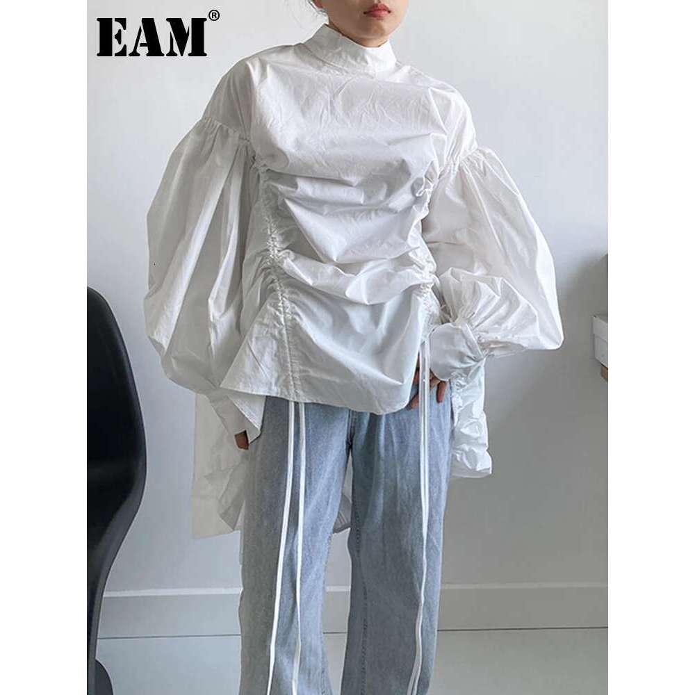EAM Women Irregular Drawstring Big Size White Blouse New Stand Collar Long Sleeve Shirt Fashion Tide Spring Autumn 2025 1Z189