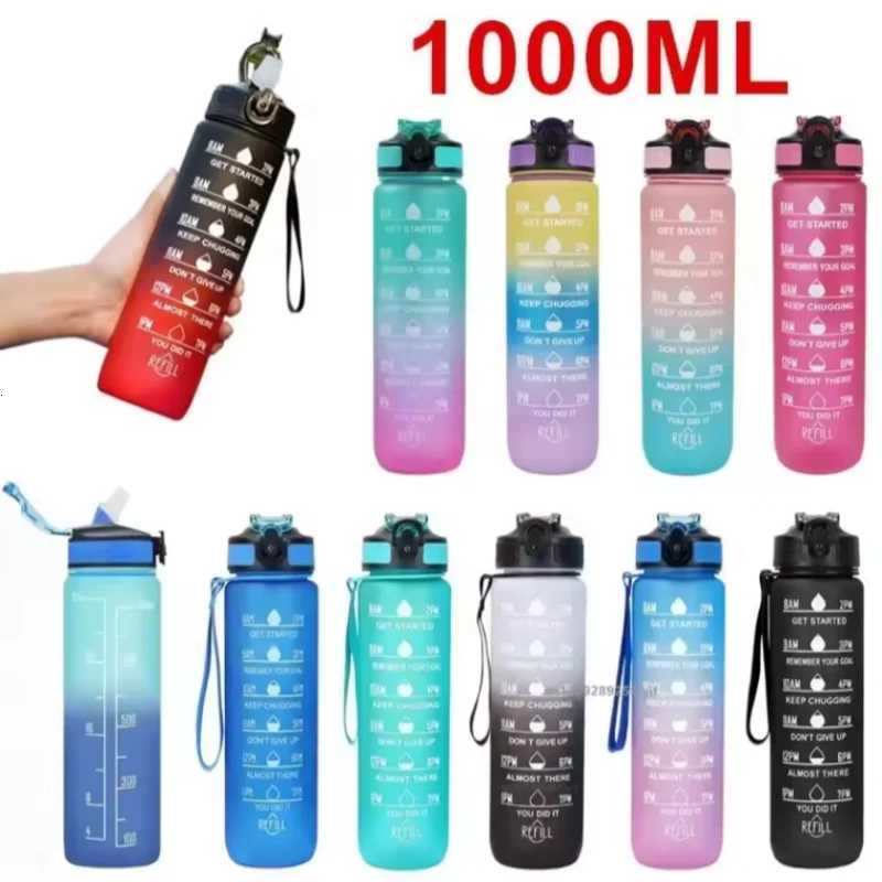 Gradient Color 1000ml Plastic Water Bottle with Straw Leak-Proof Sports Water Bottle for Outdoor Travel Fitness CyclingW251114