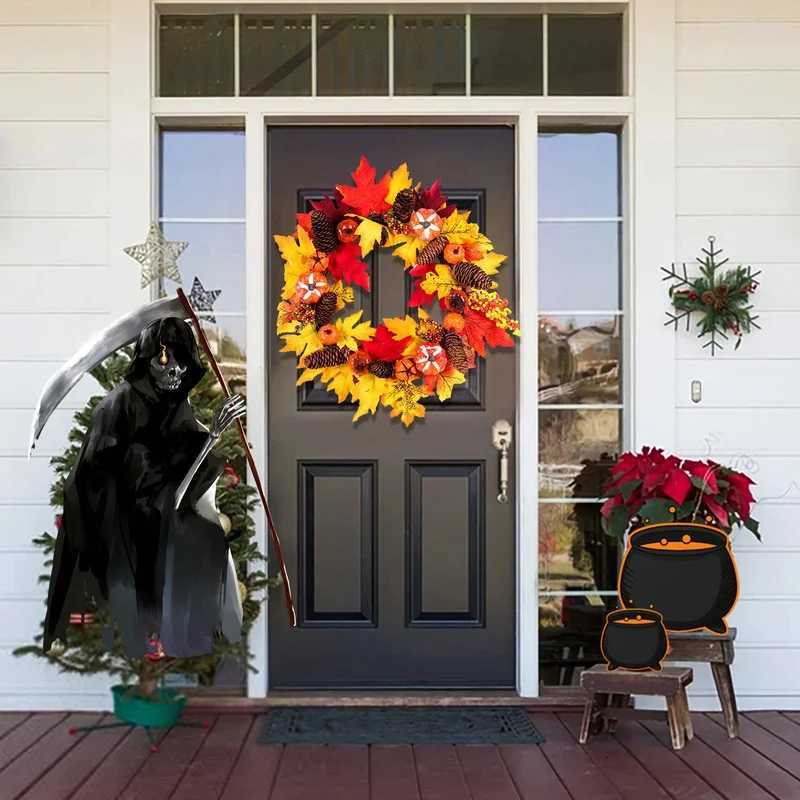 45cm Fall Wreaths Pumpkin Berry Maple Leaf Artificial Wreath Harvest Autumn Front Door Wreath Christmas Halloween Home DecorM251115