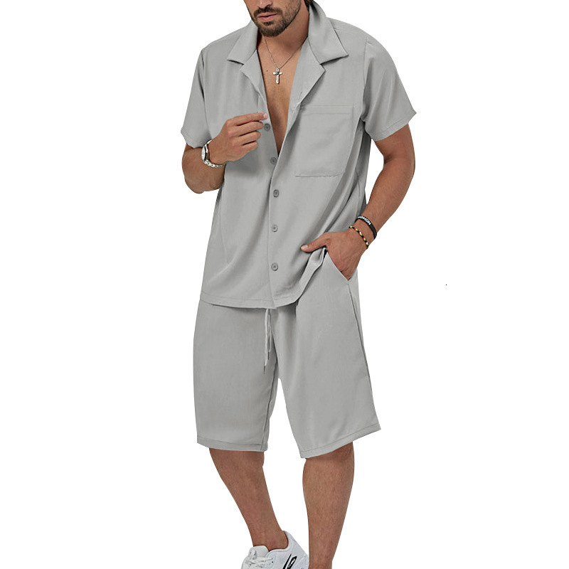 2025 Summer Men's Short sleeved Shorts Set Solid Color Collar Shirt Large Casual Two Piece