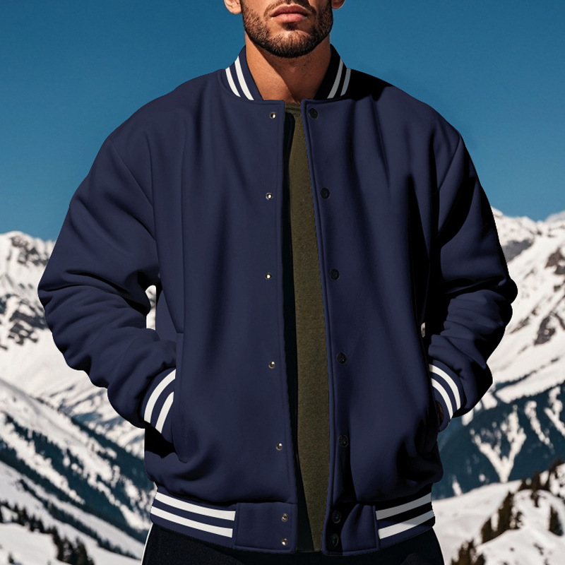 Men's baseball jacket, autumn and winter fleece American solid color loose casual stand up collar single breasted flight jacket