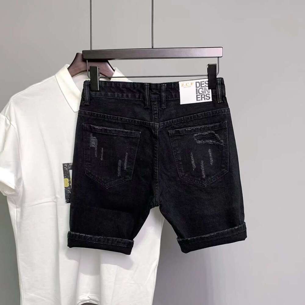 New men's perforated patch fabric Korean version slim fit denim 5/5 mid length trendy shorts small leg pants