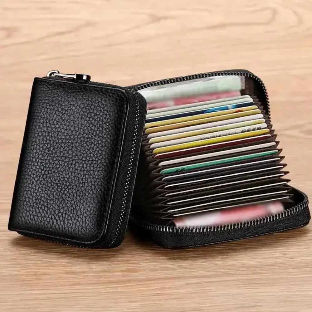 Multi Slot Card Holder Vintage Small Wallet Women Men Business Bank Credit Card Bag Male Coin Pouch Solid Leather Zipper Wallet 250414