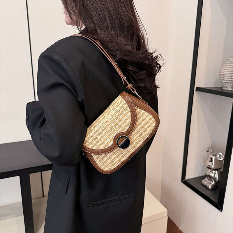 Handmade Beach Bag Leopard Print Contrasting Color Underarm Buckle For Women 2025 New Beach Crossbody Grass Woven Small Square Bag Kq2