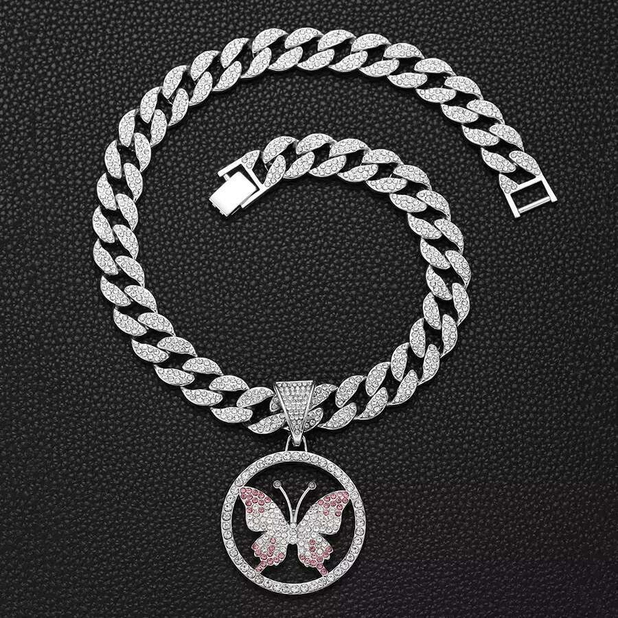 DHcollection Pink Butterfly Pendant Hip Hop Alloy Charm 15mm Cuban Chain Sier Plated Necklace