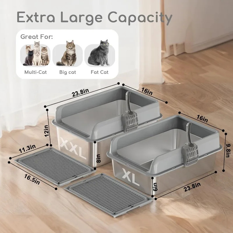 2 Pack Stainless Steel Cat Litter Box with LidXL Large Metal Cat Litter BoxHigh Wall Sided Enclosure Kitty Litter Box 250414