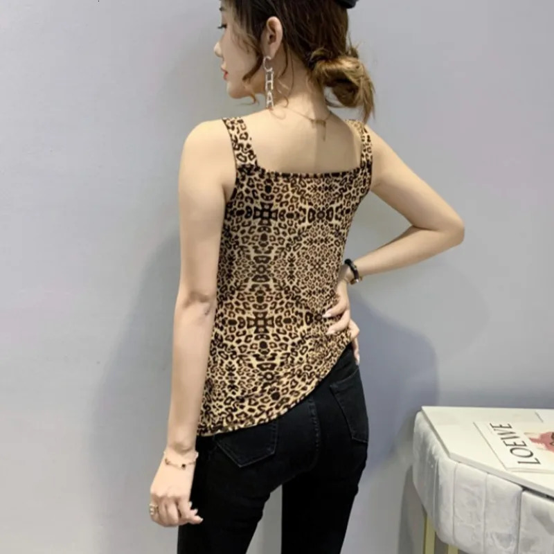 Womens summer top with diamonds ultrathin sleeveless sexy club womens black blue red leopard print tight fitting 250407