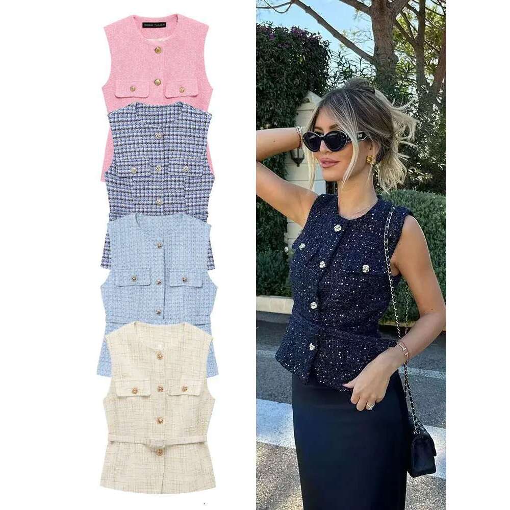 TRAFZA 2025 Woman Button Pockets Decoration Casual Slim Waistcoat Women Chic O-Neck Sleeveless Texture Vest Top Mujer