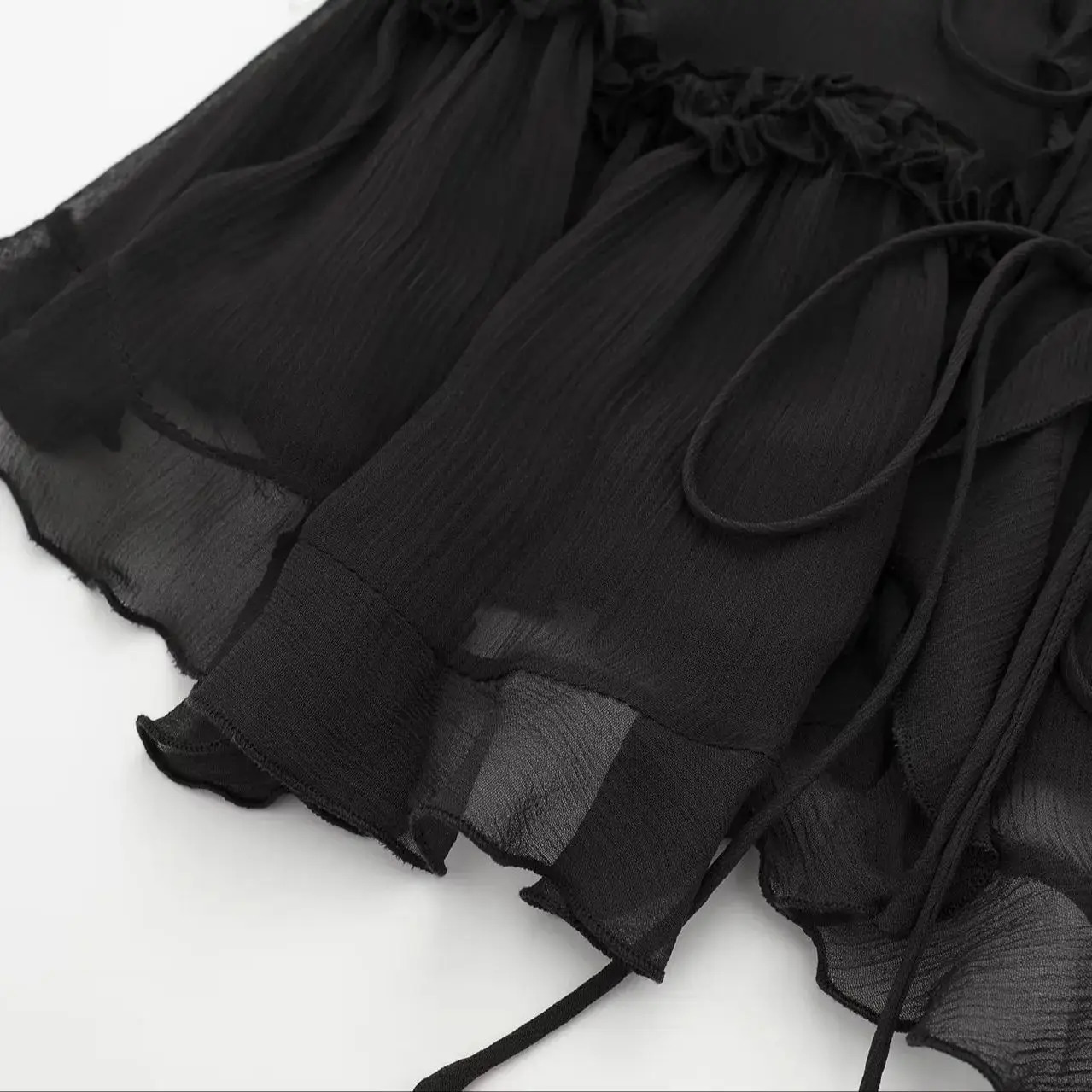 ZBZA Womens Layered Sexy Camisole Top Lace-up Hollow Spaghetti Strap Backless Ruffled Hem Solid Holiday Tops Summer Chic Shirt 250415