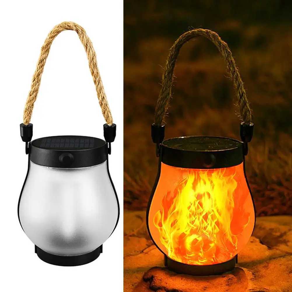 Solar Flame Lamp USB Rechargeable Camping Light Hanging Courtyard Decoration Garden Lantern Lighting Lamp With Hemp Rope M251115