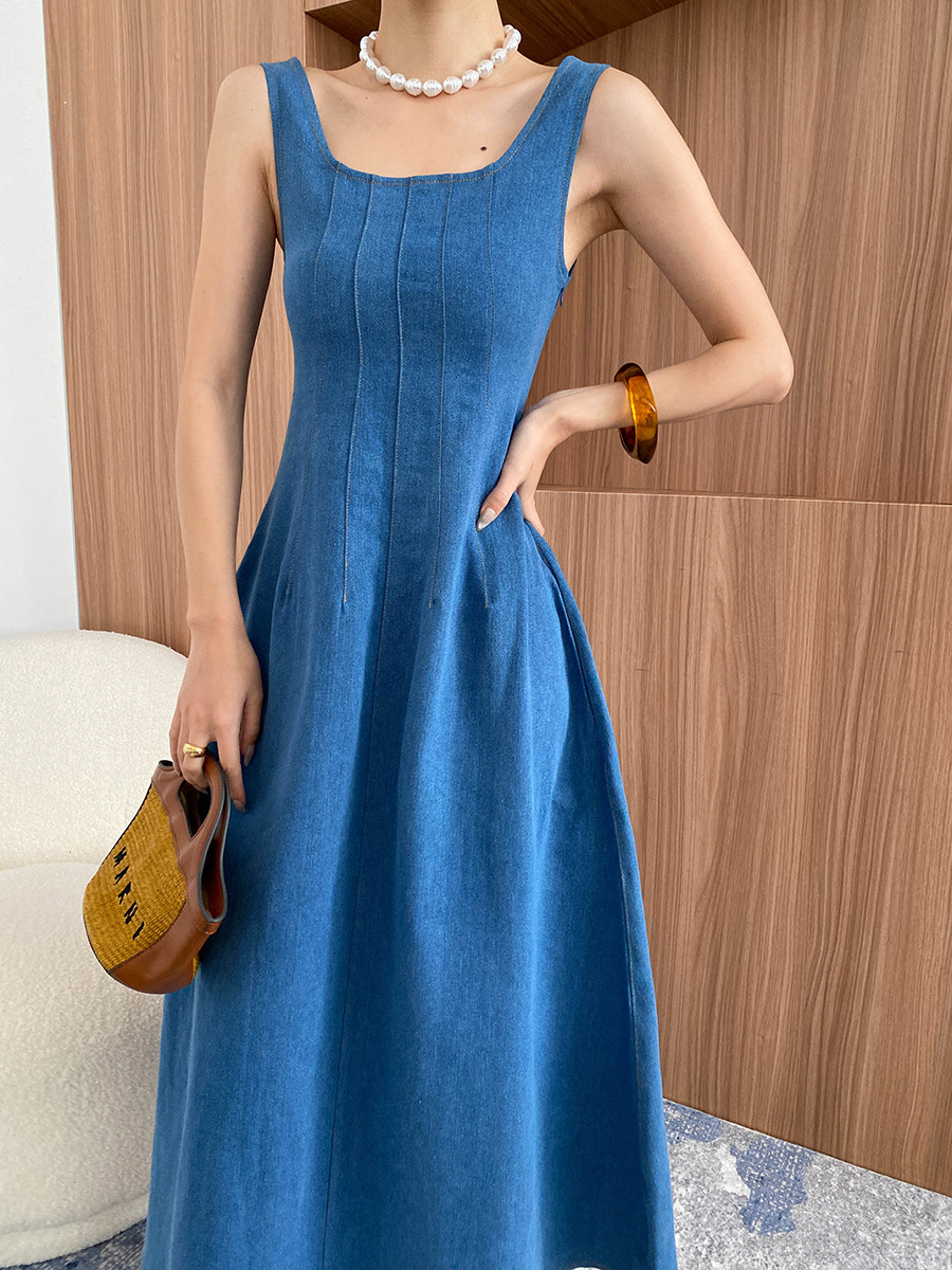 G2145 High Quality New Style Reversible Square Neck French Split Line Waist Denim Dress