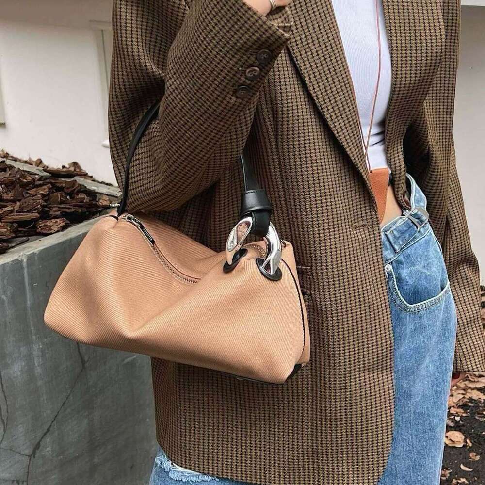 Mm Women's Bags Spring/Summer New Canvas Collar Leather Handbag, Single Shoulder Crossbody Bag, Women's Versatile Commuter Pillow Bag
