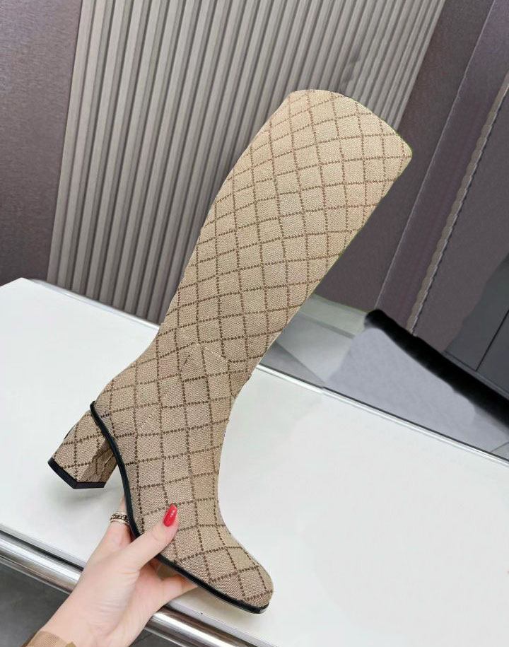 High quality women's clothing designer long boots with fashionable jacquard zipper opening high heels 6.5cm for runway party casual Martin 35-41