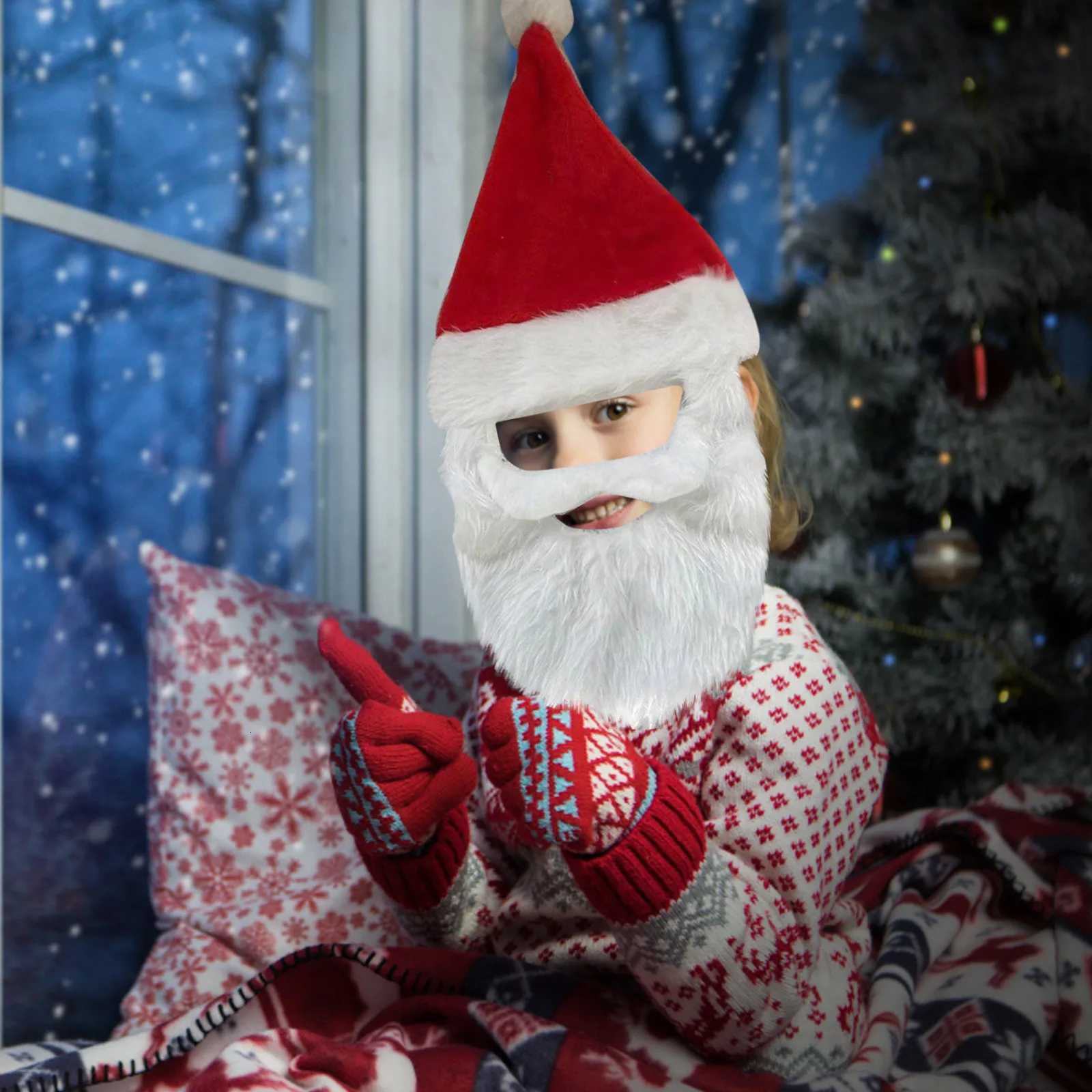Velour Santa Hat With Plush Beard Christmas Accessory Play Christmas Atmosphere Decoration Cute Decoration Christmas Mask Y251115