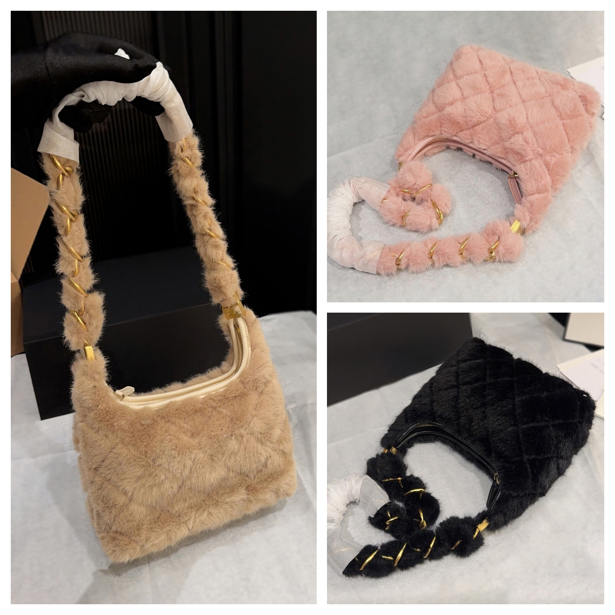 Womens Fashion Winter Designer bag hobo Furry bag Shoulder Underarm bag Snow leopard print handbag Designer Fuzzy Teddy bag Slouchy bag Hobo Shoulder bags With box