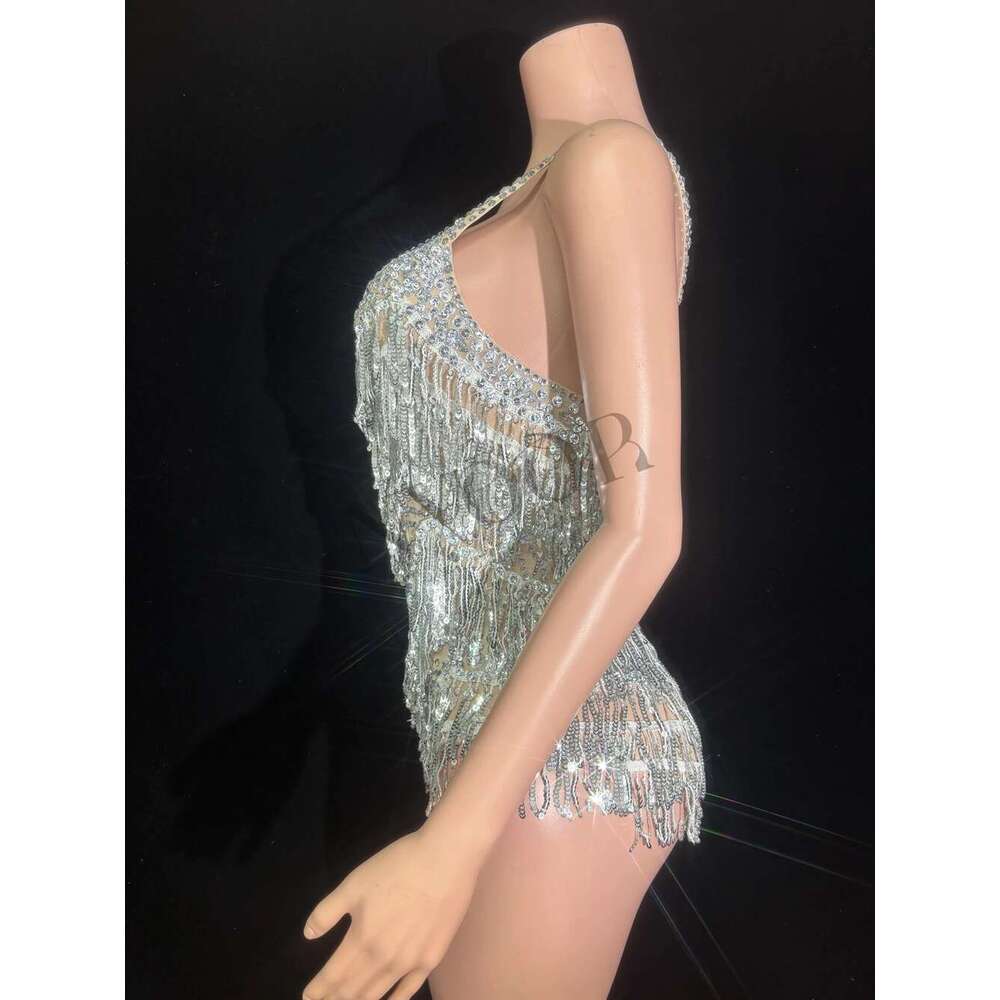 Sparkly Rhies Sequins Tassel Bodysuit For Women Sexy See Through Performance Dance Costume Singer Dancer Stage Wear