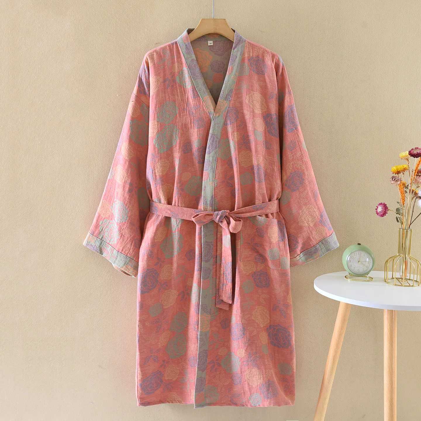 Cotton Yarn Dyed Nightgown Robes for Women Spring and Autumn Thin Vintage Jacquard Sleepwear Yukata Kimono Bath Robe C251115