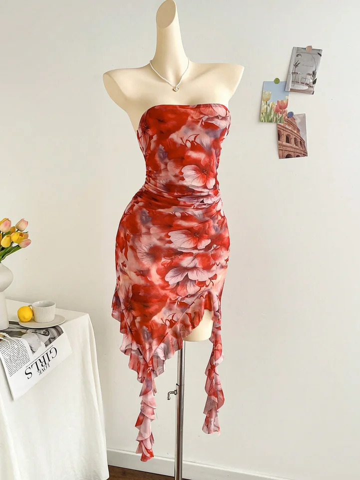 spring/summer ladies sexy strapless backless hemline irregular mini dress 250415