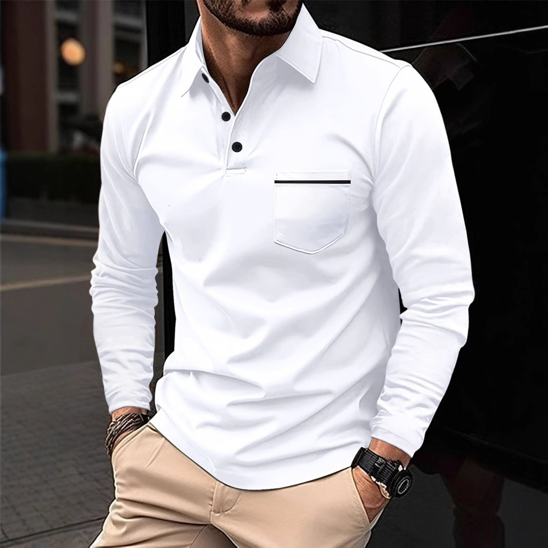 Fashionable mens polo shirt long sleeved lapel button pocket mens casual top