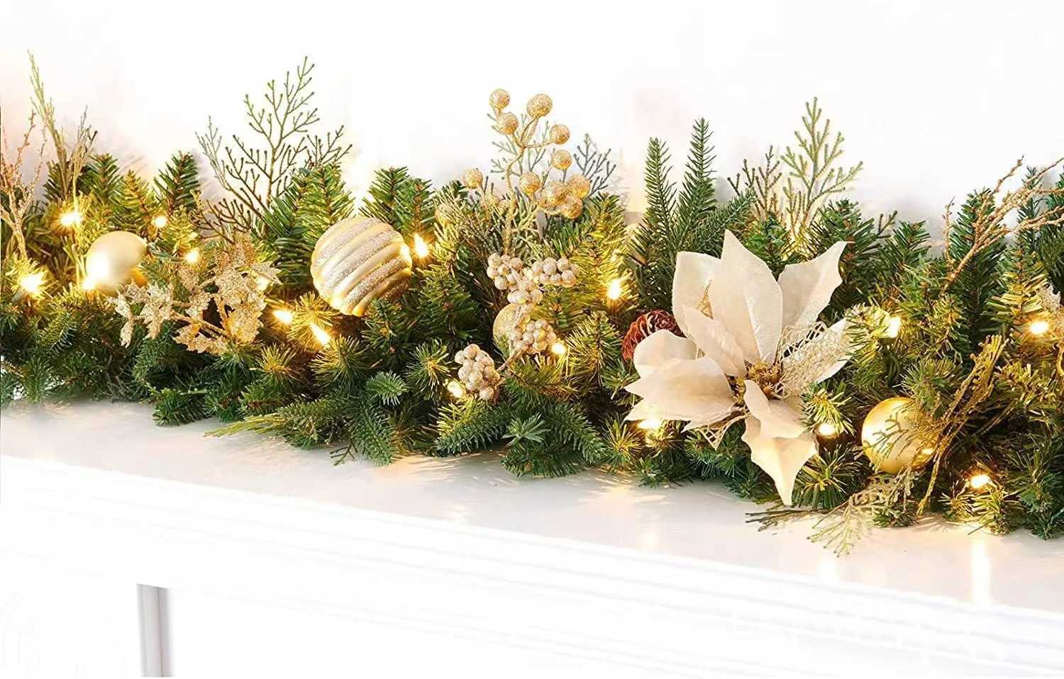 15/18/27m Christmas Rattan Christmas Ball Pinecone Garland With LED Light Festival Wreath For Fornt Door Christmas DecorationM251115