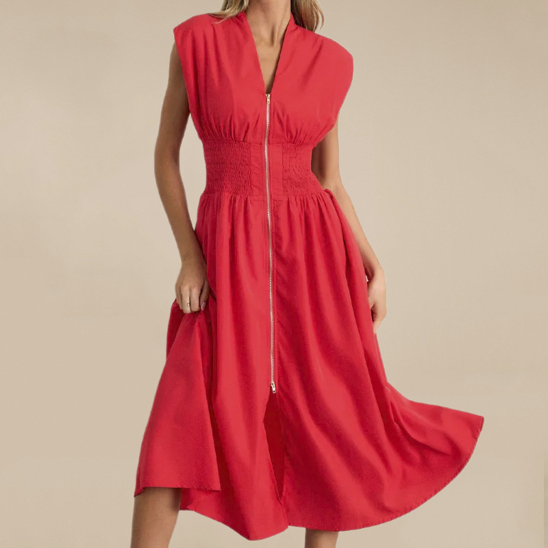 X42Chic Hepburn Fashion V-Neck Dress - Stylish High Waisted Skirt with Zipper Closure for Summer