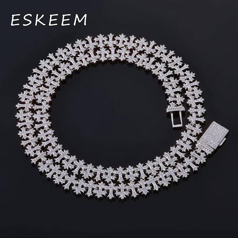 Eskeem Luxury 85/11MM Iced Out Link Chain Necklace Silver Plated Cross Bling Zircon Stones Hip Hop Fine Jewelry
