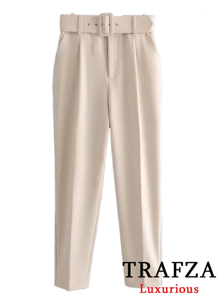 TRAFZA Office Womens Beige Womens Long Sleeve V-neck Oversized JacketHigh Waist Wide Leg Pants Fashion Retro Set 250409