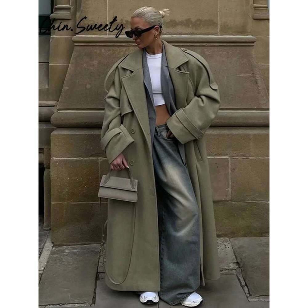 Designer Clothes Urban Solid Long Women Coat Casual Full Sleeve Belt Double Breasted Female Jacket 2024 Autumn Winter Lose Lady