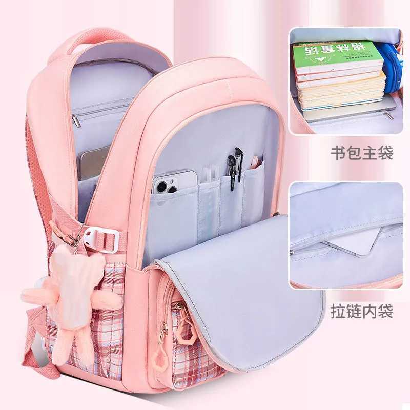 Protecting The Spine Ergonomics Elementary School Students Girls Checkered Backpack Large Capacity Lightweight WaterproofW251114