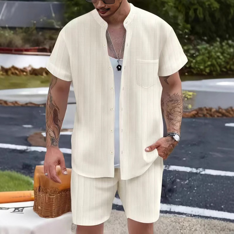 2025 Summer Mens Shirt Casual Henley Collar Pocket Short Sleeve Shorts Beach Set