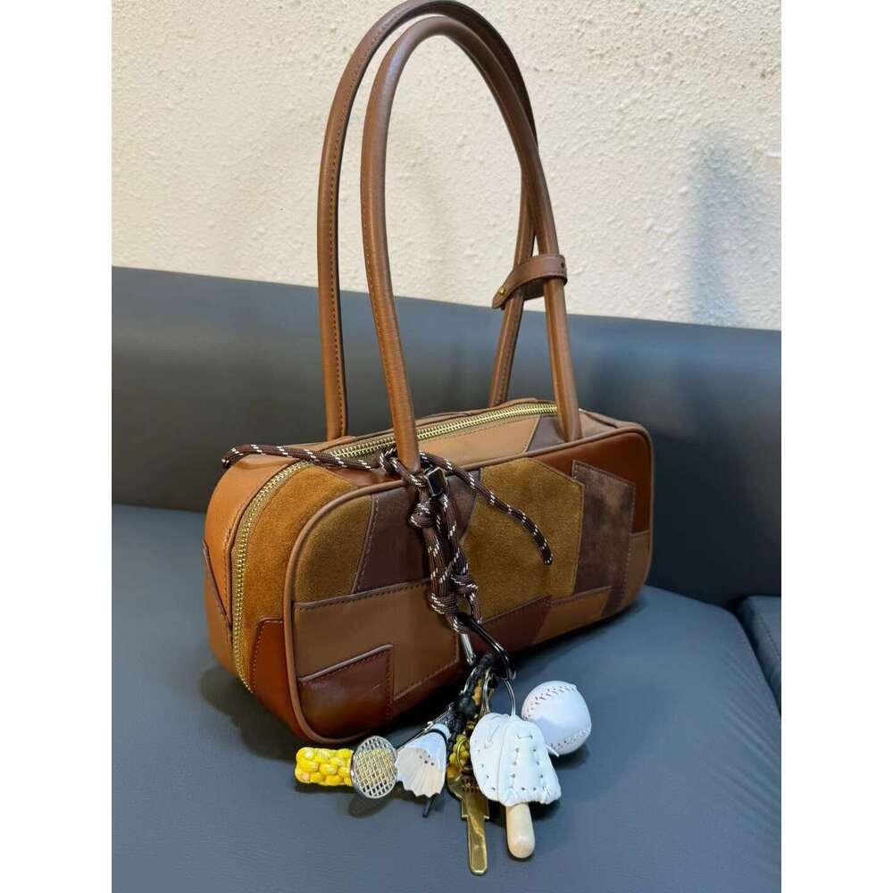 Mm Women's Bags Autumn New Leather Splicing Used Bowling Small Square Bag Mini Hanging Decoration Color Blocked Single Shoulder Handbag