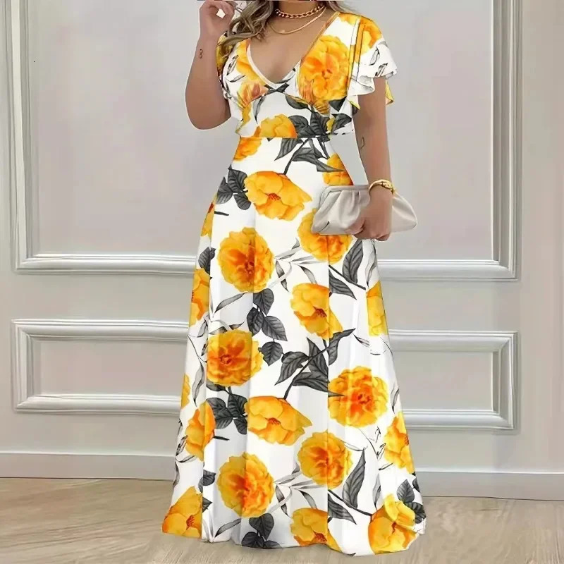 Womens XL5XL Plus size selling Vneck elegant casual printed long skirt big hem suitable for womens clothing 250407