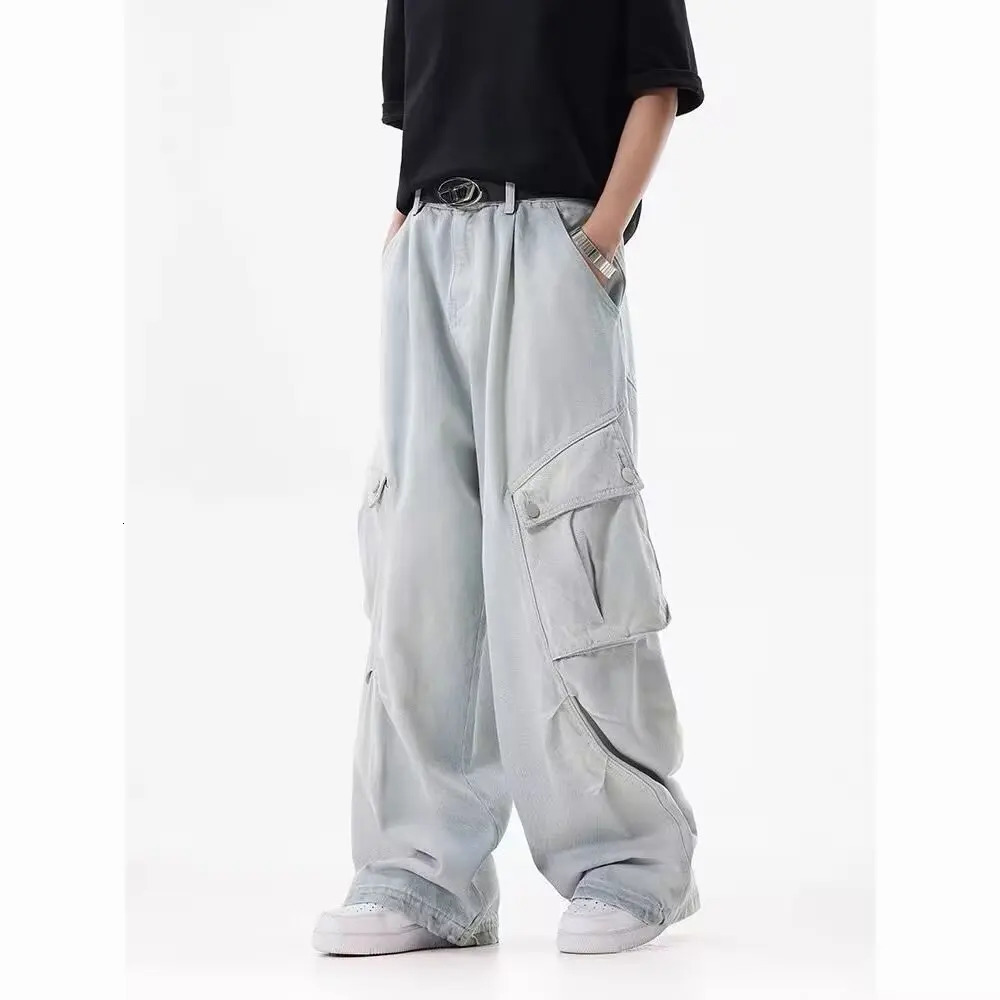 Utumn Winter Womens Cargo Jeans American Street Style Bagged Pants Blue Multi Pocket Wide Leg 250407