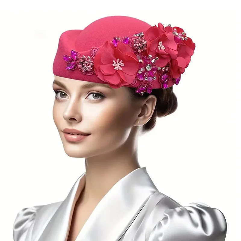 Vintage Felt Turban Hat For Women Church Derby Fascinator With Flower Ladies Soft Beret Caps For party Airline Stewardess Hat 250407