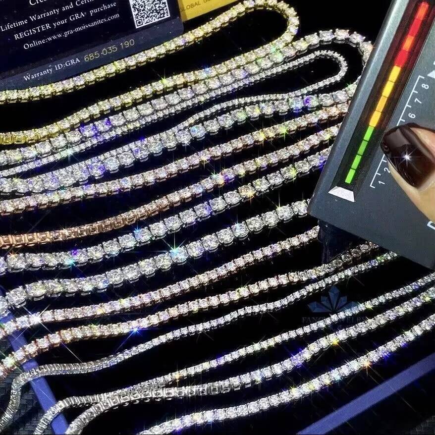 Luxury VVS D Moissanite Tennis Chain Hip Hop 925 Silver 3mm 4mm 5mm Tennis Bracelet Necklace Fashion Gold and White Jewelry