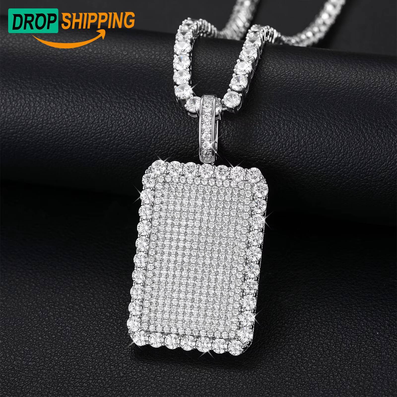Dropshipping Full VVS Moissanite Iced Out Dog Tag Pendant 925 Sterling Silver Mossanite Jewelry Hip Hop Men White Gold
