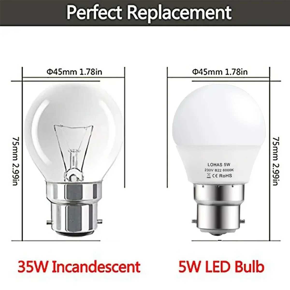 Melery B22 LED Light Bulb G45 5W Lamp Day White 6000K 400lm Bayonet Base 35W Incandescent Equivalent Energy Class A 5Pack C251115