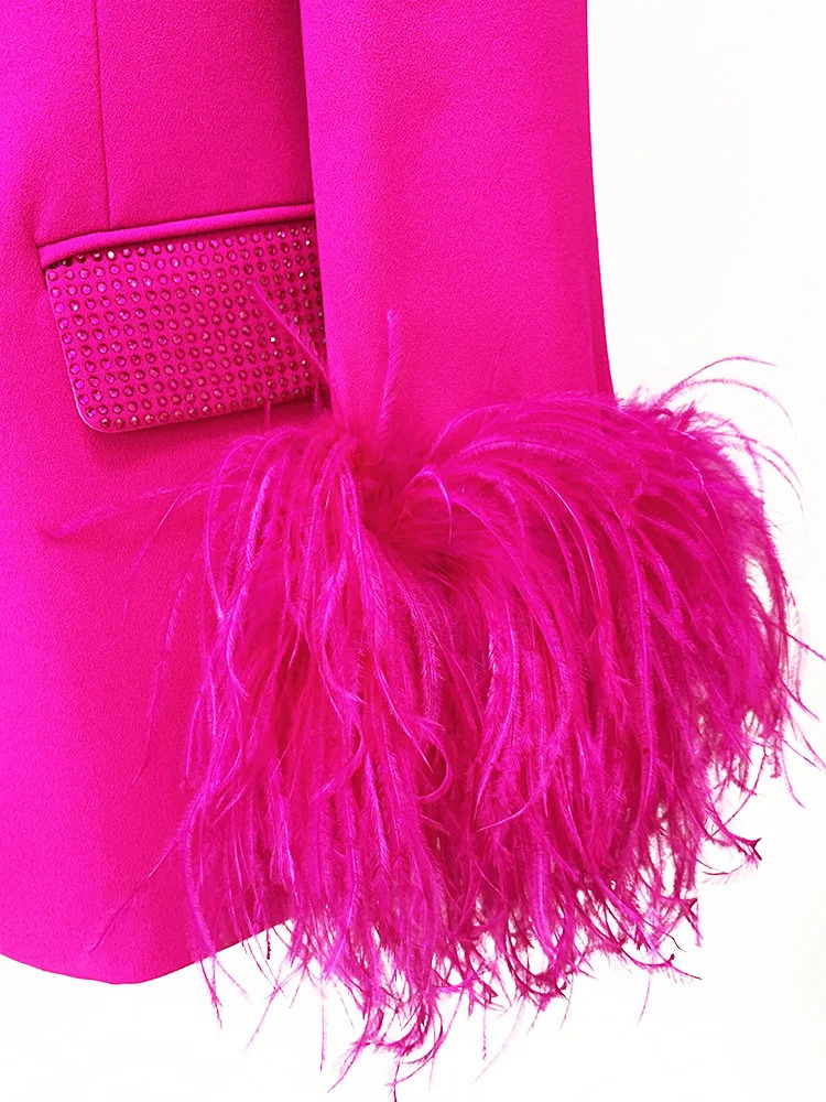 Pink Suits Ostrich Feather Outfits Fashion Feather Embellished Diamond Shawl Collar Jacket Pencil Pants Womens 250410